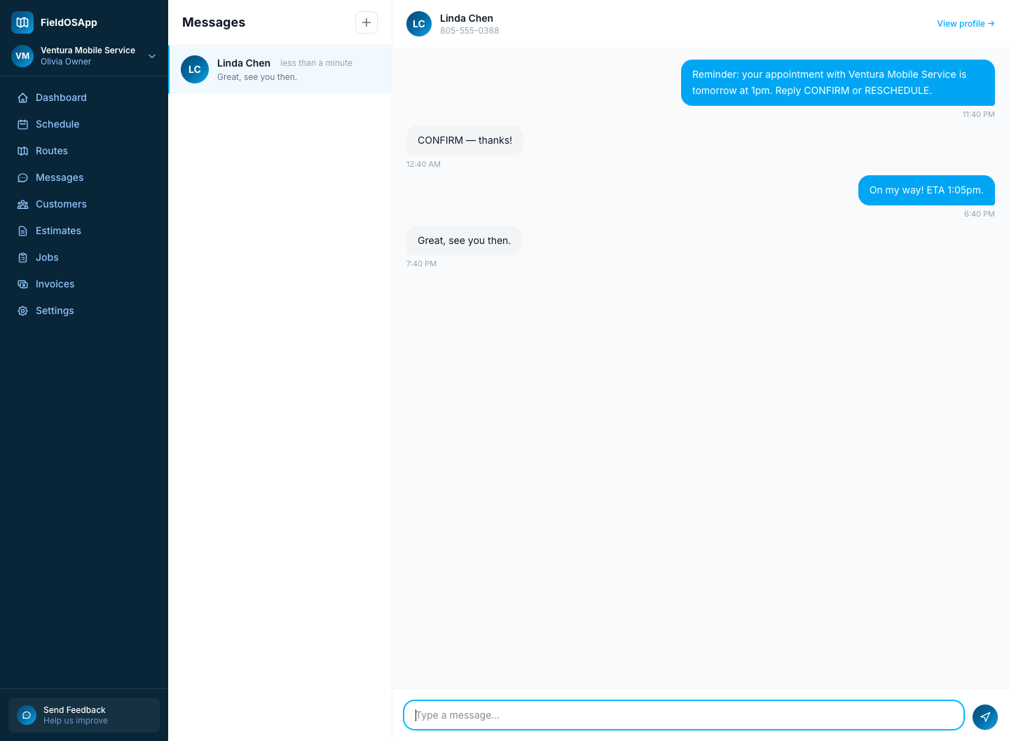 FieldOS lead thread — the AI assistant answering a missed call by text and qualifying it into a ready-to-book lead