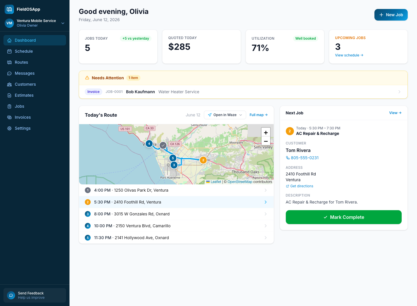 FieldOS dashboard — today's jobs, route map, revenue, and what needs attention in one view