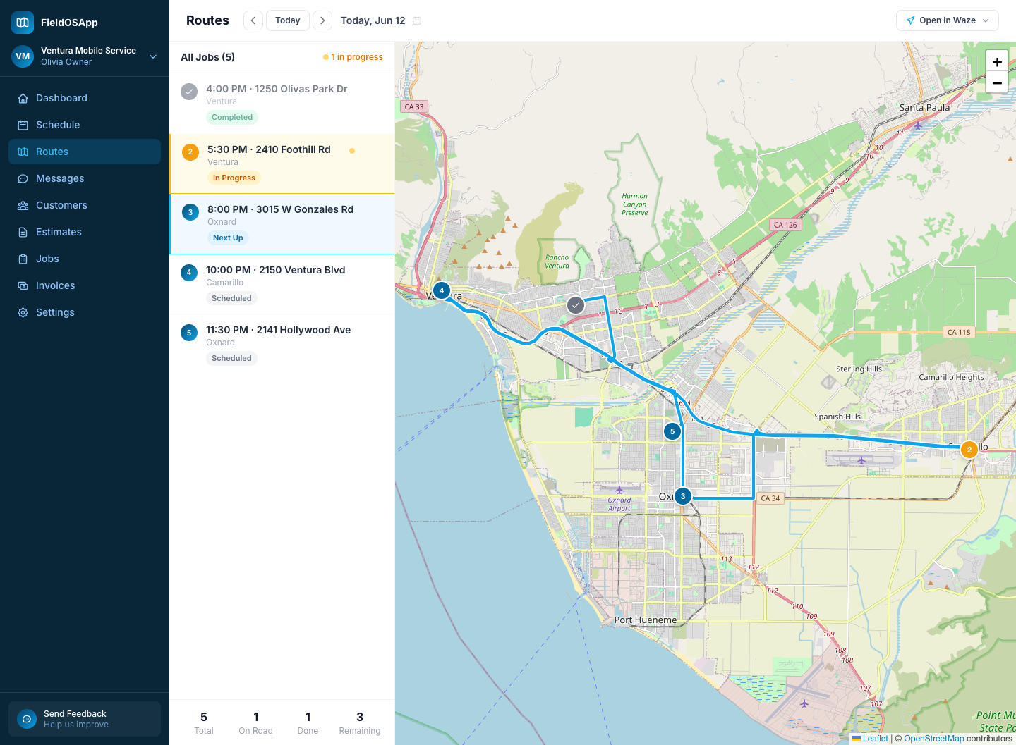 FieldOS route view — the day's jobs ordered on a map to cut drive time